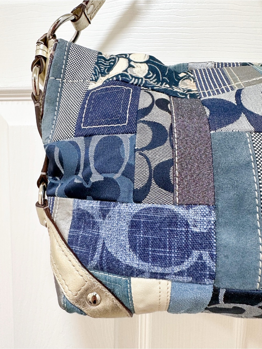 Coach Carly Small Denim Patchwork Hobo Shoulder Bag Blue Multi Vintage Y2K - Picture 16 of 17